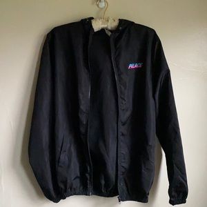 Palace windbreaker black with pink/yellow/blue logo, size S small